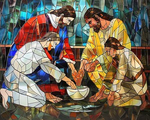 Jesus washing the disciples feet each gesture and expression detailed in the colors and textures of stained glass