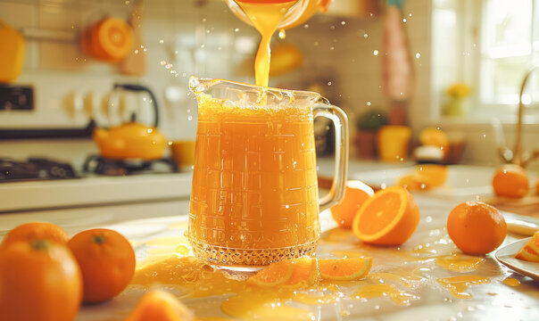 Orange juice pouring from pitcher into glass. Healthy citrus drink. Summer freshness concept.Generative AI
