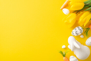 Springtime ornamentation concept. Top view vertical shot of eggs, lovable bunny idol, snacks for...