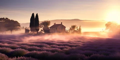 Foto op Canvas A rustic house on a lavender farm is enveloped in morning mist under the gentle warmth of a rising sun © Coosh448