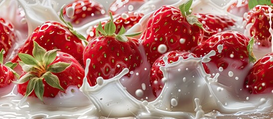 A group of ripe, vibrant strawberries are seen plunging into a pool of fresh, creamy milk. The milk forms ripples and splashes as the strawberries make contact, creating a dynamic and appetizing scene