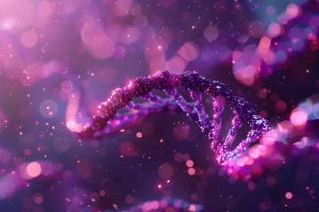 Fotobehang Illuminated against a vibrant purple hue, a DNA strand adorned with shimmering particles conveys essential principles in genetics, molecular biology, and scientific advancement. © TEERAWAT