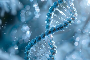 Set against a soft bokeh backdrop, a digitally generated sparkling DNA helix conveys the ongoing advancements in biotechnology and genetic research.