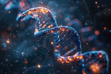 Against a serene bokeh background, a digitally created sparkling DNA helix serves as a beacon of progress in biotechnology and genetic exploration. - obrazy, fototapety, plakaty