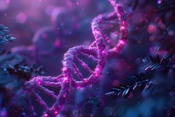 With shimmering particles adding depth, a vibrant purple DNA strand represents fundamental concepts in genetics, molecular biology, and scientific discovery.
