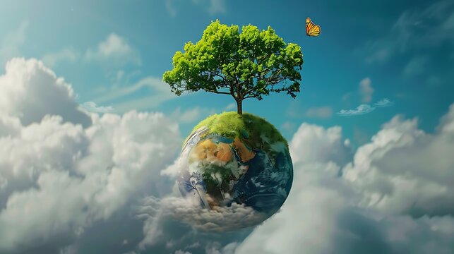 World Environment Day, Earth Day, Earth and tree with butterfly on clouds.