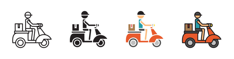 Delivery Man Riding Motorcycle Vector Illustration Set. Quick Food Serve Bike Sign suitable for apps and websites UI design style.