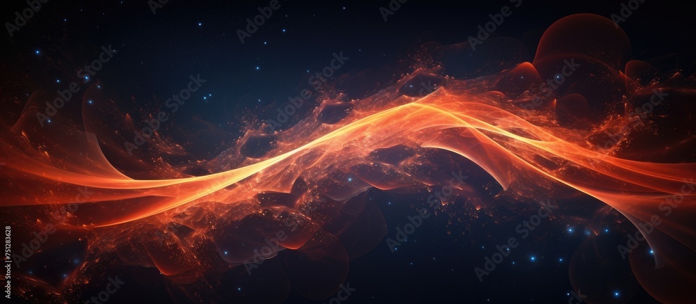 Poster a computer-generated bright orange wave with fiery glowing elements and particles, set against a spa