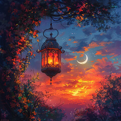 Fototapeta na wymiar An oriental lantern hanging in a sunset background. Golden lantern hanging in romantic sunset background with tree and flowers
