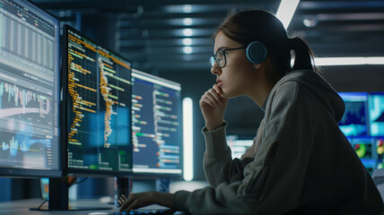 Fototapeta premium Focused programmer working on code late at night.
