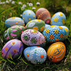 Fototapeta na wymiar Hand-painted Easter eggs with floral patterns on a grassy background