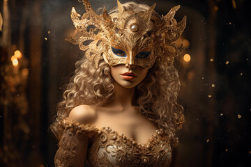 Elegantly dressed woman with ornate mask in a mystical ambiance