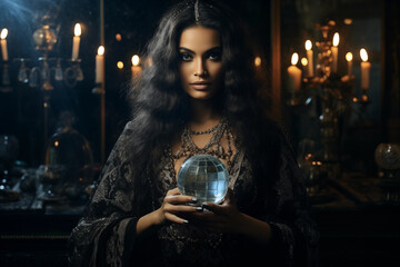Captivating woman gazes into a crystal ball amidst a shadowy room lit by candles