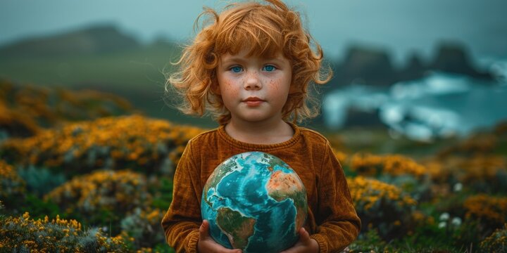 child with earth globe on azure background.