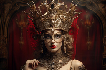 Regal woman poses in luxurious attire, wearing a golden crown and an elegant mask