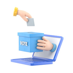 Flat 3d isometric businessman hand putting voting paper into ballot box that come out from laptop monitor. Online voting and election concept.Supports PNG files with transparent backgrounds.
