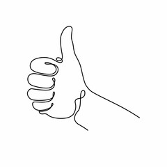 A linear drawing of a hand in the style of line art, showing a thumbs up - a like sign. Vector illustration