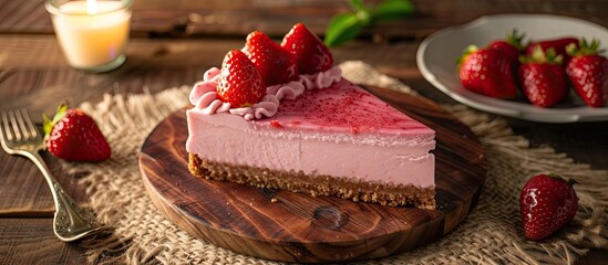 Obraz na płótnie Canvas A piece of creamy cheesecake topped with fresh strawberries served on a white plate. The dessert is placed on a wooden board with a rustic burlap tablecloth underneath, creating a cozy and inviting