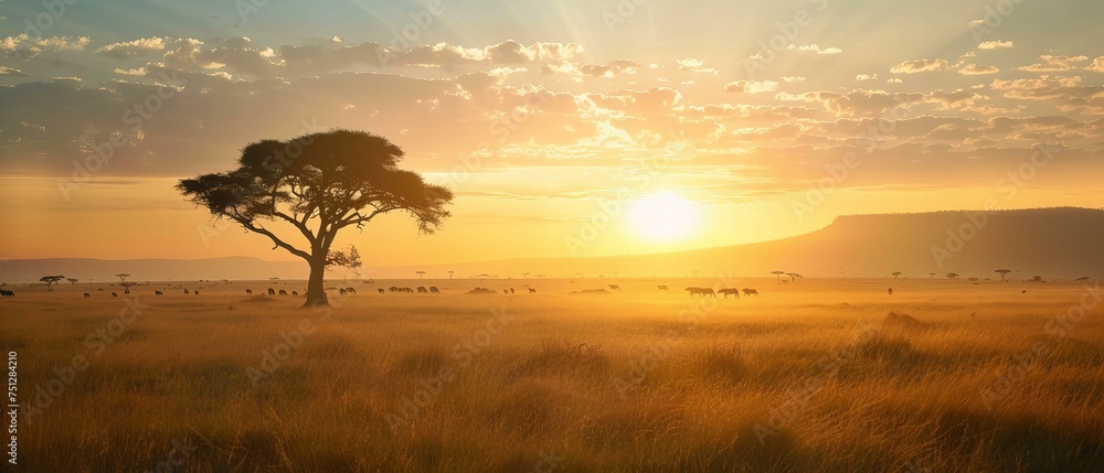 Sticker Safari at dawn in the Serengeti, with wildlife waking up to the first sunlight 