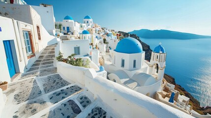 Relaxing in Santorini, with white-washed buildings and blue domes against the backdrop of the Aegean Sea - obrazy, fototapety, plakaty