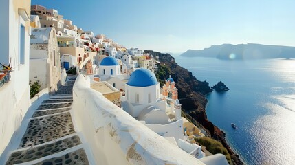 Relaxing in Santorini, with white-washed buildings and blue domes against the backdrop of the Aegean Sea - obrazy, fototapety, plakaty