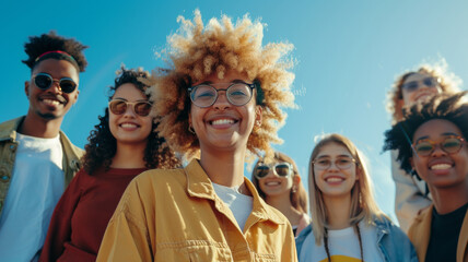 Fototapeta premium Diverse group of friends with a joyful vibe, smiling against a bright blue sky backdrop.