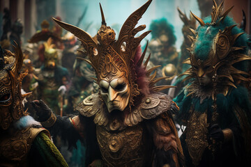 Intricate masks and regalia adorn characters at a fantastical masquerade event - obrazy, fototapety, plakaty