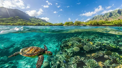 Foto op Plexiglas Snorkeling in the clear waters of Hawaii, surrounded by sea turtles and vibrant coral reefs, under the warm Pacific sun © Lemar