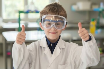 boy in a lab coat with thumbs up and safety goggles.