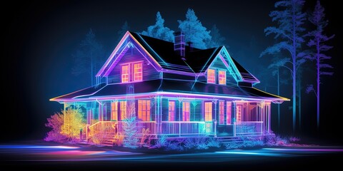 House hologram, Holographic projection of cottage in neon colors - obrazy, fototapety, plakaty
