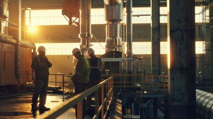 Industrial engineers in discussion at a manufacturing plant with dramatic sunlight in the background. - obrazy, fototapety, plakaty
