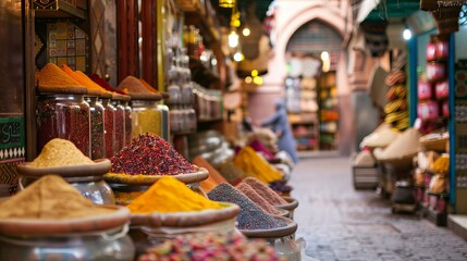 The bustling souks of Marrakech, with vibrant colors and the rich aroma of spices filling the air