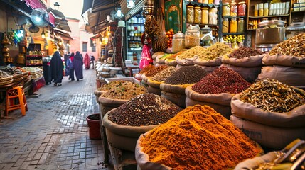 The bustling souks of Marrakech, with vibrant colors and the rich aroma of spices filling the air - obrazy, fototapety, plakaty