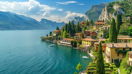 The serene lakes of Italy, with idyllic villages nestled along the shores and the Alps in the distance - obrazy, fototapety, plakaty