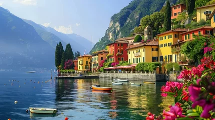 Zelfklevend Fotobehang The serene lakes of Italy, with idyllic villages nestled along the shores and the Alps in the distance © Lemar