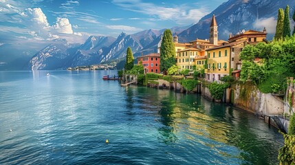 Fototapeta na wymiar The serene lakes of Italy, with idyllic villages nestled along the shores and the Alps in the distance