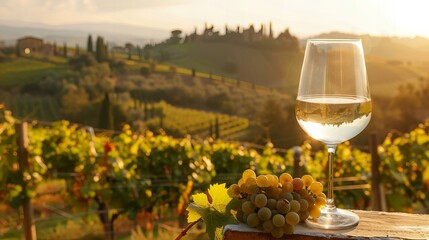 The sun-drenched vineyards of Tuscany, with a wine glass in the foreground capturing the essence of...
