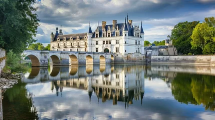 Aluminium Prints Garden Touring the Loire Valley castles in France, with the elegant châteaux and manicured gardens reflecting in the river 