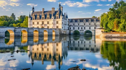 Peel and stick wall murals Garden Touring the Loire Valley castles in France, with the elegant châteaux and manicured gardens reflecting in the river 