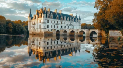 Peel and stick wall murals Garden Touring the Loire Valley castles in France, with the elegant châteaux and manicured gardens reflecting in the river 