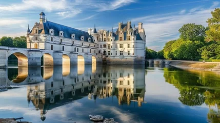 Aluminium Prints Garden Touring the Loire Valley castles in France, with the elegant châteaux and manicured gardens reflecting in the river 