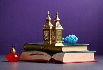 Religion element collection of Islamic lantern fanoos and the holy Quran set on book holder with rosary. 