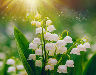Flower Lily of the valley rays fall on beautiful spring blooming flower