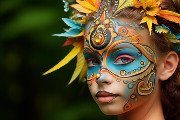 Close-up of a young woman adorned with vibrant face paint and autumn leaves against a blurred green background