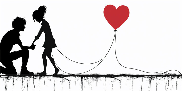 Männersilhouette und eine Frauensilhouette mit einem roten Herzen