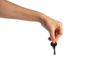 Key with a ring in hand on a transparent background.