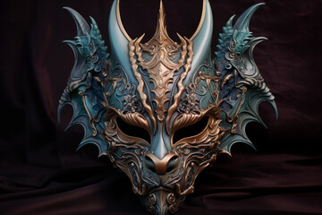 Elegant and ornate dragon mask with metallic detailing on a plush, dark backdrop