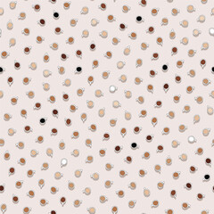 Seamless vector pattern with coffee cups. Morning hot drink on a beige background. Different shades of brown and empty white mug. Print for cafe menu
