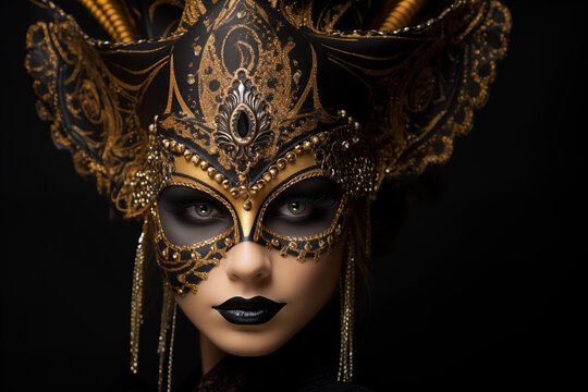 Close-up of a mysterious woman donning a luxurious golden venetian mask against a dark background