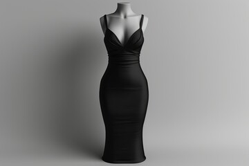 solitary mannequin, missing a head, showcases a classic black dress on a stark white platform